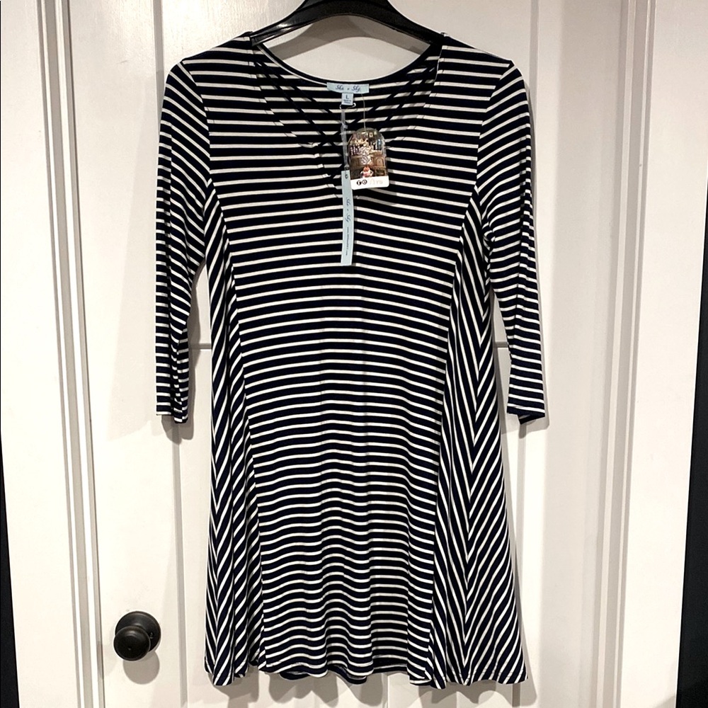 Navy and White Striped Dress, NWT, Size L.